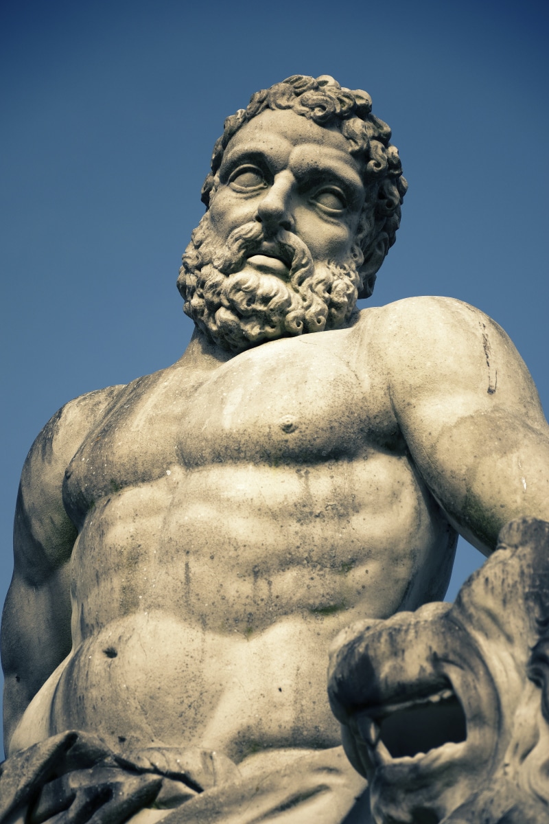 God, Greek, Statue, nature, spirituality, architecture, outdoors, no people, Hercules, human representation, marble, Ancient, sculpture, 5K, craft, blue