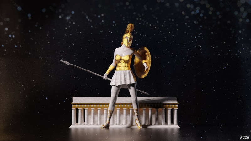 digital art, Daz 3D, 3D graphics, marble, shield, minimalism, DAZ, 4K, Blender, Greek mythology, mythology, Ancient Greek sculpture, temple, sculpture