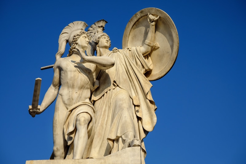religion, belief, outdoors, carrara marble, statue, figures, craft, art and craft, warrior, clear sky, low angle view, athena, sky, representation, protected