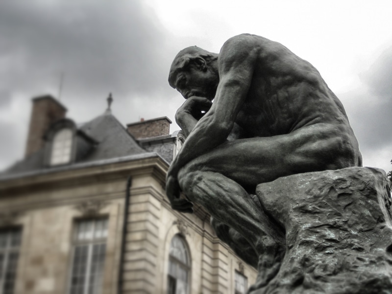 human representation, bronze, rodin, building exterior, built structure, museum, sky, history, the thinker, statue, day, the past, representation, outdoors