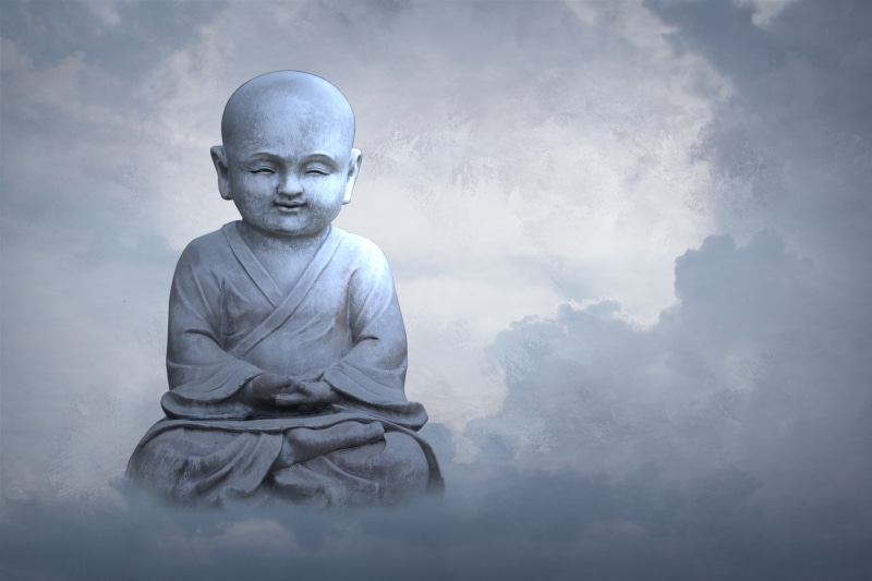 human representation, sky, temple, people, buddha, contemplation, cloud, clouds form, cloud mountain, spirituality, nature, child, smoke - physical structure