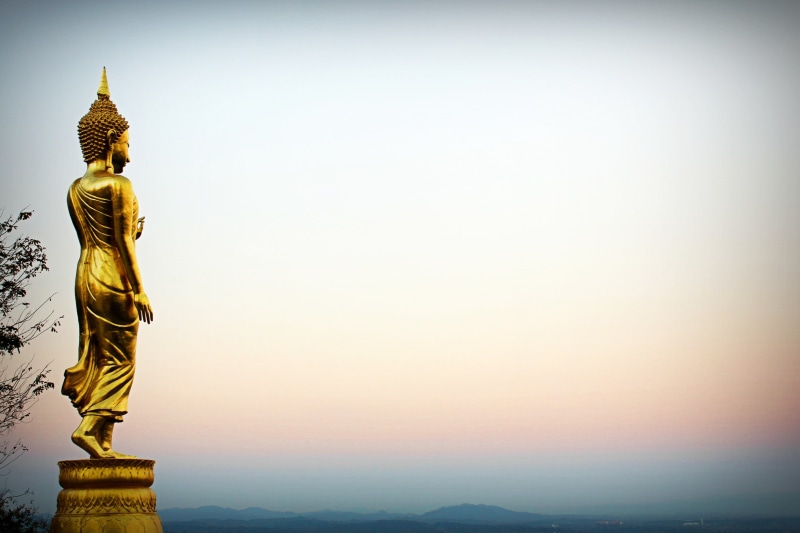 backside, landscape, wat, mountain, green, statue, gold Colored, mist, sculpture, male likeness, nan province, nature, sky, famous, eastern, top-view, calm