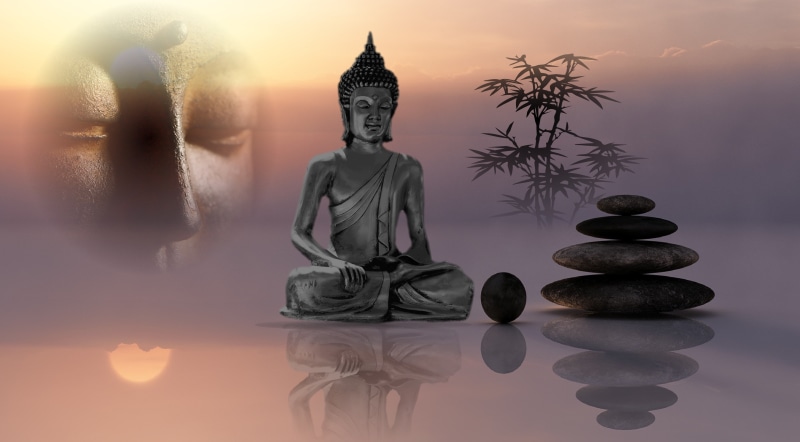 rest, silhouette, meditate, zen, relaxation, fog, architecture, figure, representation, spirituality, water, art and craft, asia, serenity, sky, 2K, human representation