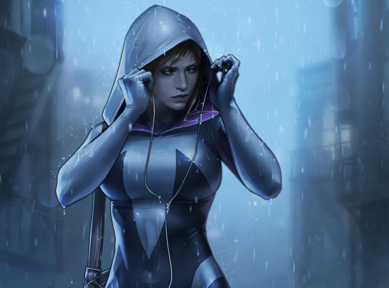 beautiful woman, indoors, Marvel Comics, fashion, lifestyles, young women, standing, raincoat, beauty, Gwen Stacy, three quarter length, hairstyle, backgrounds