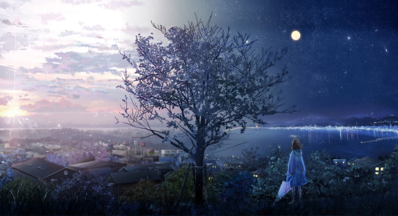real people, 1080P, Anime, building exterior, nature, night, beauty in nature, standing, cityscape, tranquility, raincoat, digital composite, astronomy