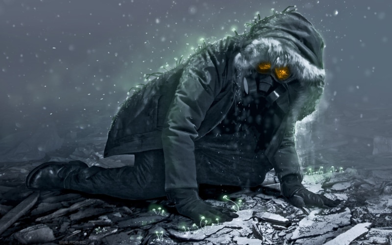 glowing, clothing, full length, one person, 1080P, gloves, occupation, Vitaly S Alexius, snow, nature, s, front view, boots, winter, gas masks, outdoors