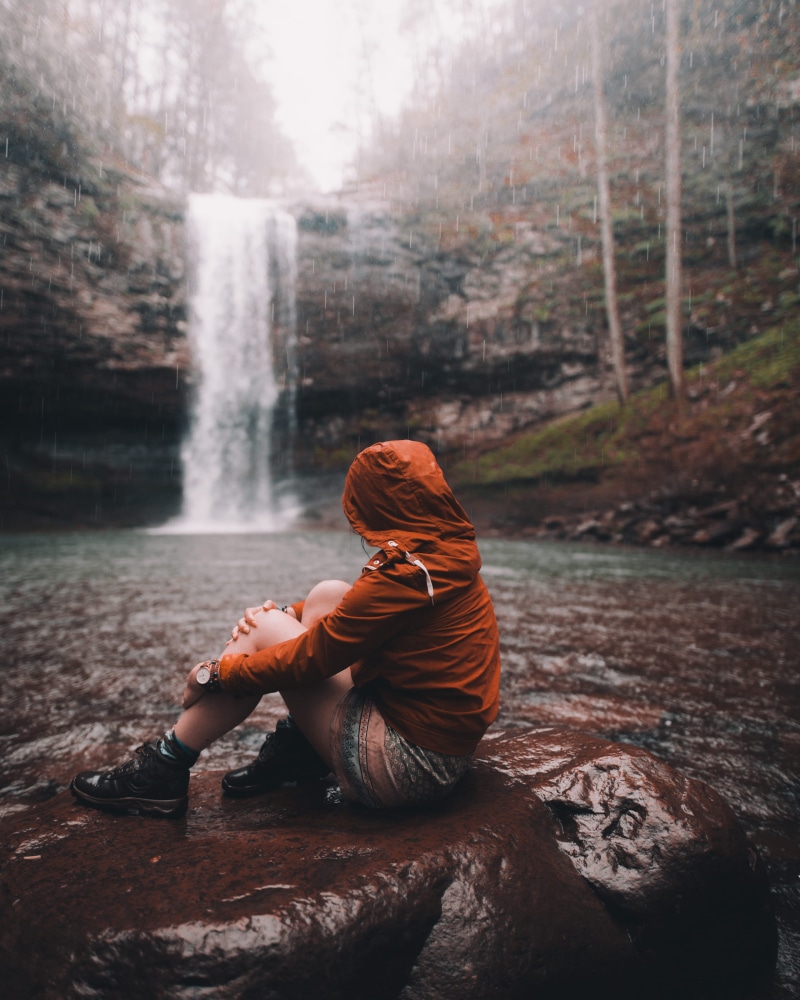 nature, real people, lifestyles, leisure activity, distance, side view, foggy, girl, forest, day, daytime, stream, solid, rain, flowing water, wearing