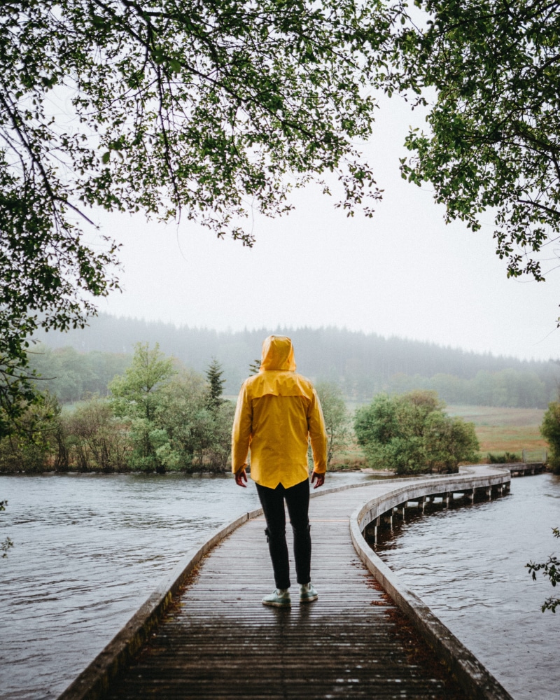 man, yellow, standing, bridge, one person, full length, day, growth, tree, casual clothing, raincoat, lifestyles, rear view, rain, person, beauty in nature