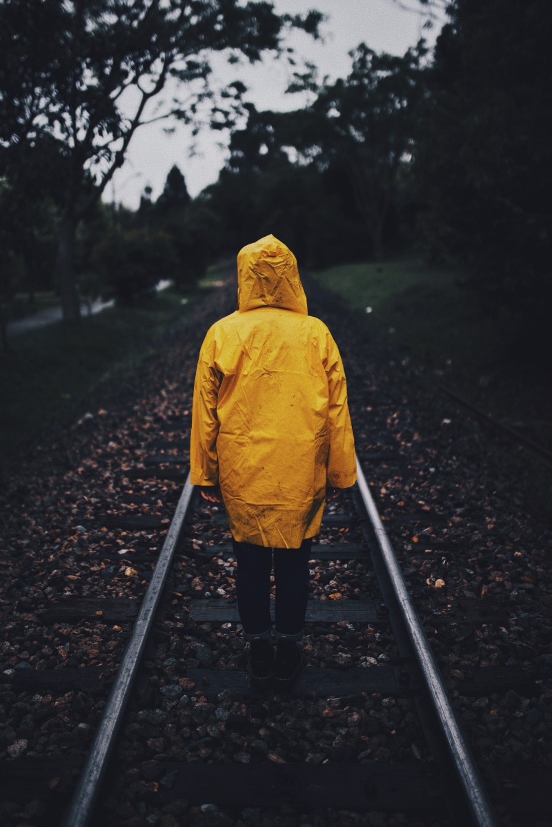 railtrack, rail transportation, leisure, clothing, standing, real people, transportation, tree, photoshoot, focus, rear view, rocks, 5K, railroad track