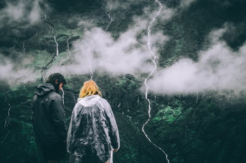 looking at view, beauty in nature, adult, raincoat, togetherness, 4K, two people, women, mountain, rain, people, love, standing, couple, peak, men, real people