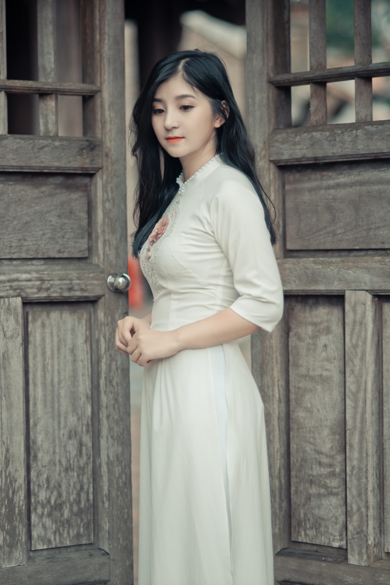 adult, wearing, girl, wooden, young women, pose, two, three quarter length, person, white dress, daytime, outdoors, hairstyle, 5K, brown, doorway, beautiful