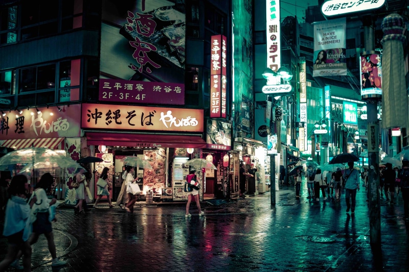 neon, buildings, real people, explore, road, raining, architecture, communication, umbrella, lights, business district, 4K, crowd, large group of people