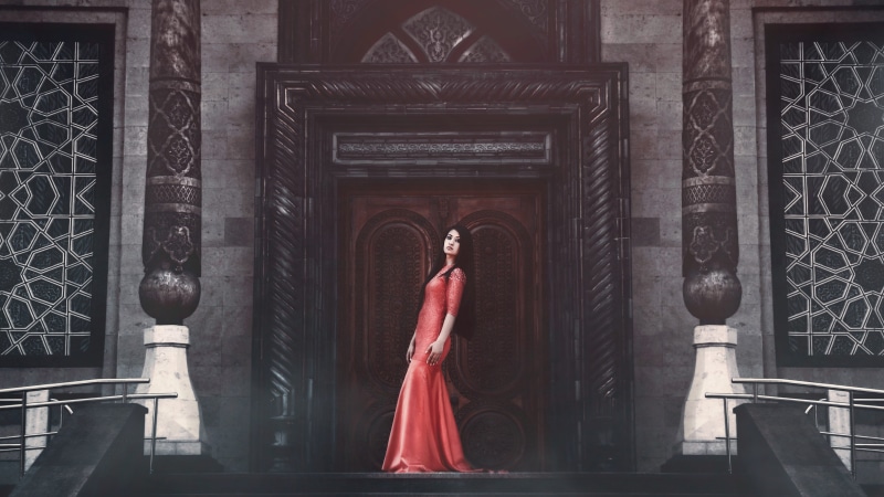girls, uzbekistan, 5K, portrait, style, building exterior, people, architecture, girl in red dress, graphics, front, monument, belief, beauty, photoshoot