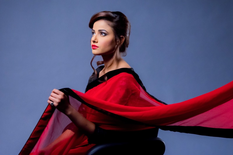 black, pretty, beautiful, looking away, young women, hairstyle, wear, fashion, wind, red, 4K, pose, glamour, hair, blue, saree, photoshoot, studio shot
