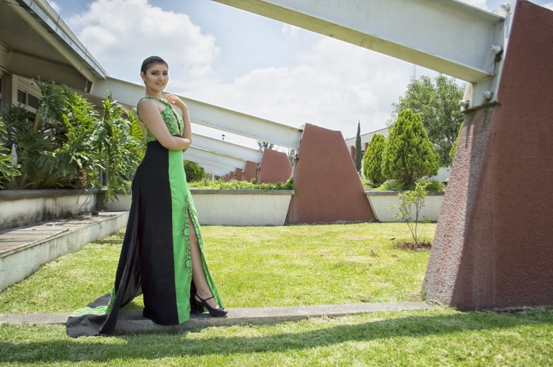 black, day, hair, young, beautiful, full length, luxury, model, pretty, dress, lady, outdoors, female, clothing, daylight, standing, formalwear, clouds