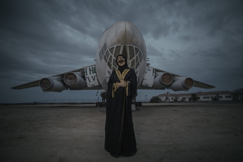 military, clothing, front, portrait, aerospace industry, white, architecture, airplane, abaya, 5K, woman, aircraft, government, near, standing, transportation