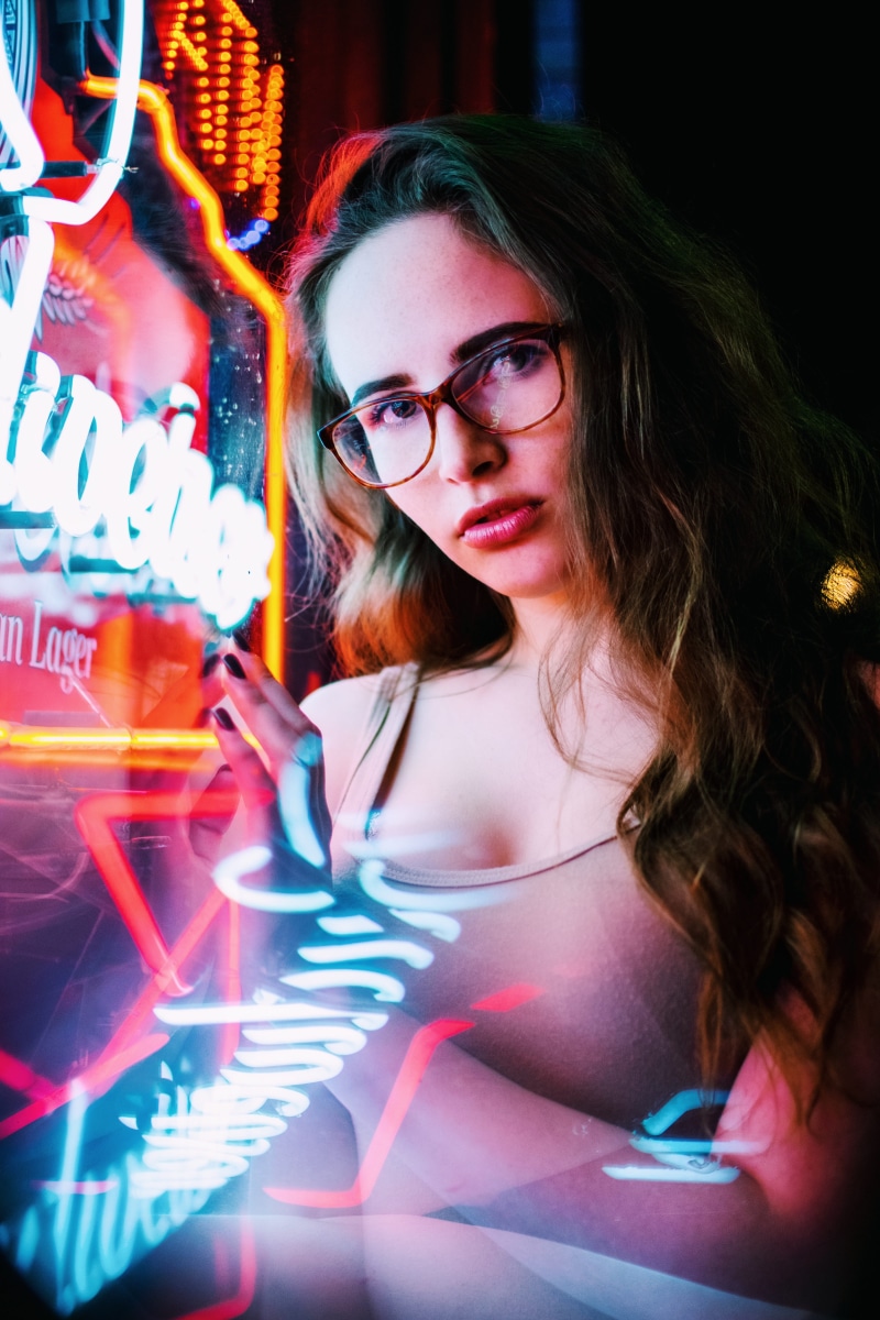 glass, girl, hairstyle, neon, young women, near, 5K, light - natural phenomenon, long hair, light, portrait, casual clothing, females, nightphotography