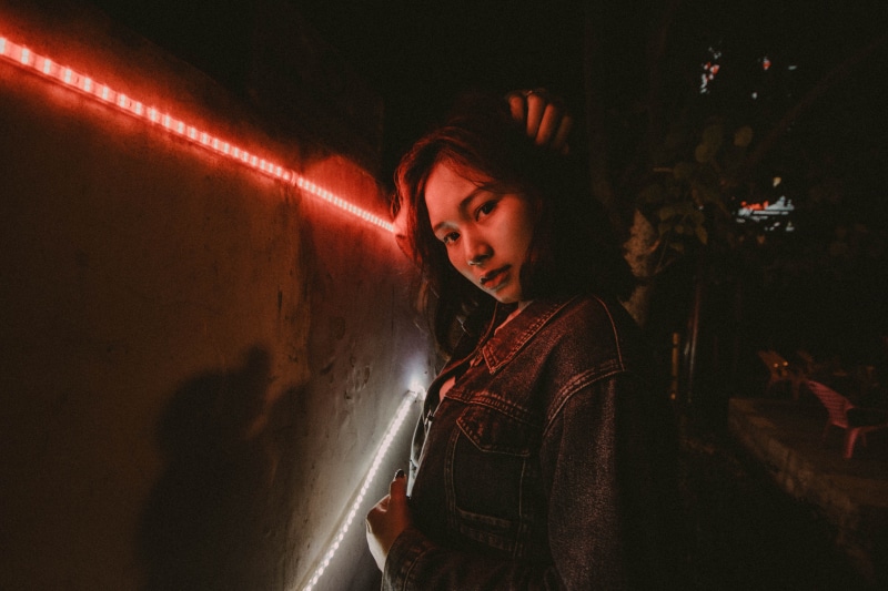 women, night time, one person, architecture, rock music, human, night, standing, red, nightlife, beside, street wear, illuminated, led, leisure activity