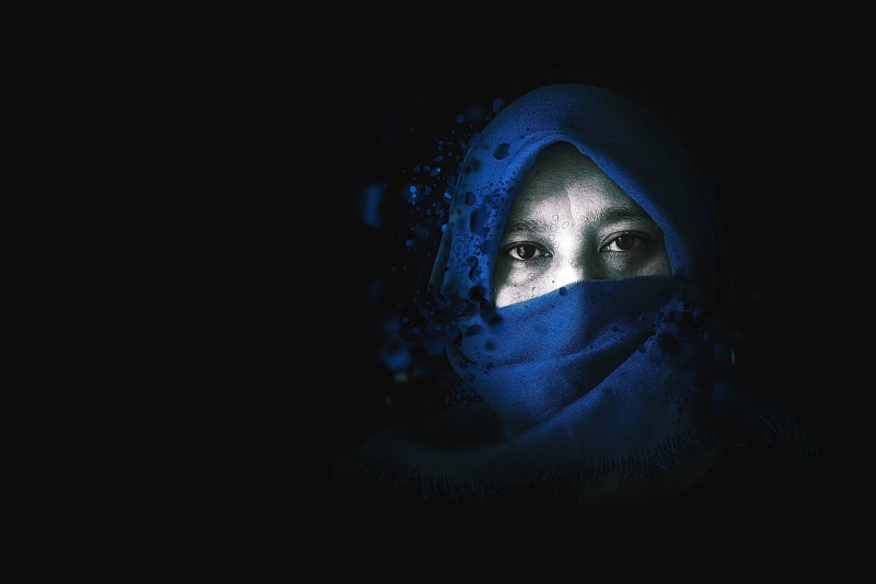 girl, photo, indoors, night, red, lifestyle, fear, blue, people, front, spooky, face, eye, monster, headscarf, young adult, mystery, female, eyes, male