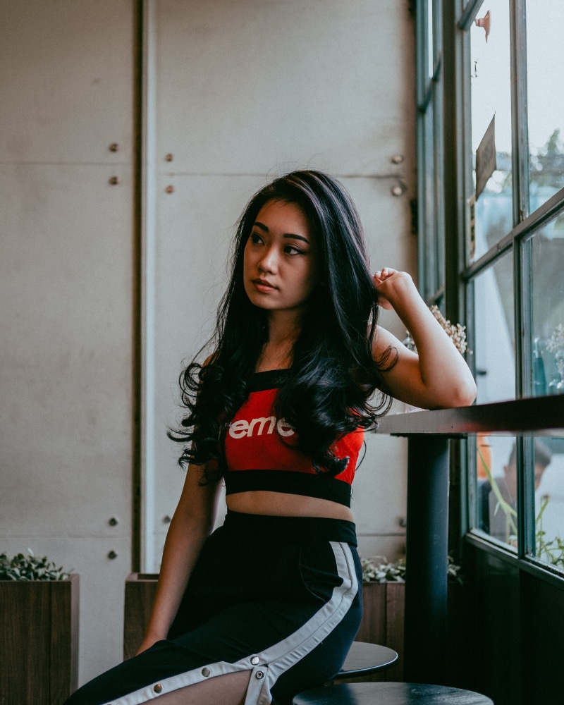 standing, young women, real people, female, looking at camera, long hair, girl, young, black hair, 4K, sitting, three quarter length, beautiful woman