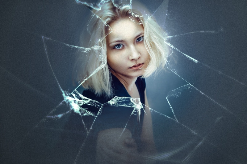 head, broken, portrait, looking, innocence, model, person, platinum, female, girl, thin, looking at camera, one person, glass, black background, teenager