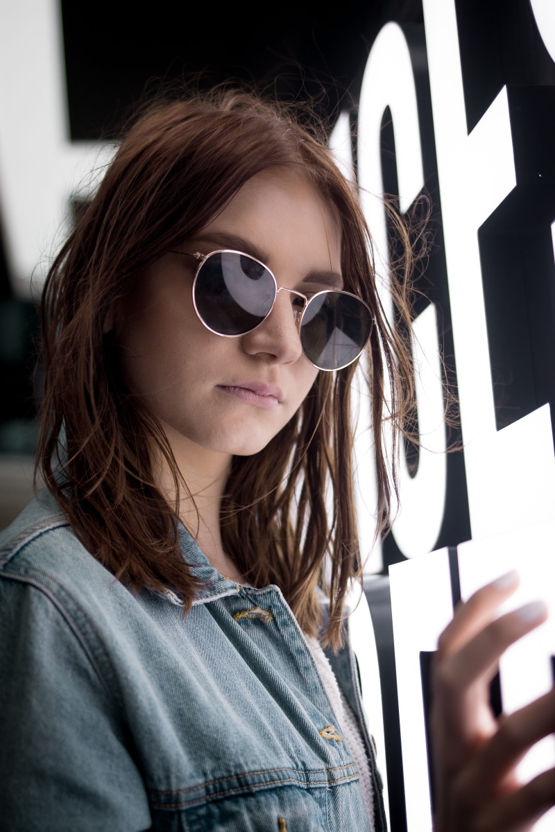 jeanjacket, girl, woman, brown, wearing, young women, looking down, front view, female, jacket, standing, glasses, led, beautiful woman, leisure activity