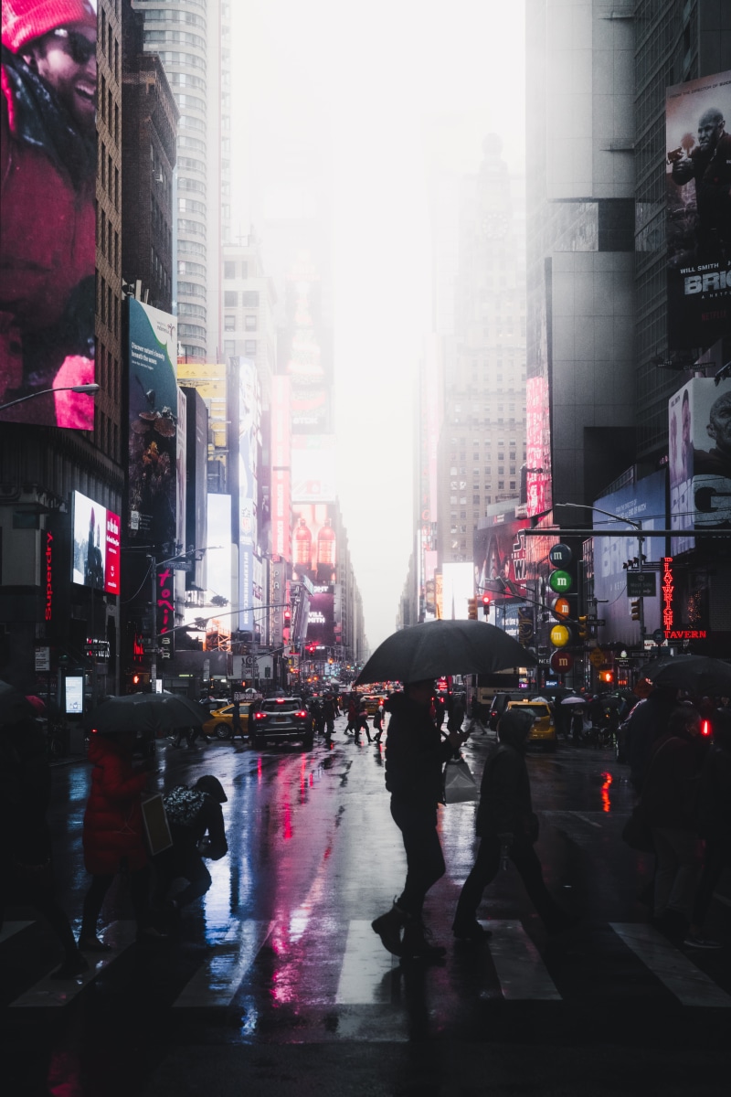 mist, cross, pedestrian, building exterior, manhattan, crossing, candid, city, real people, motor vehicle, rain, person, women, architecture, building
