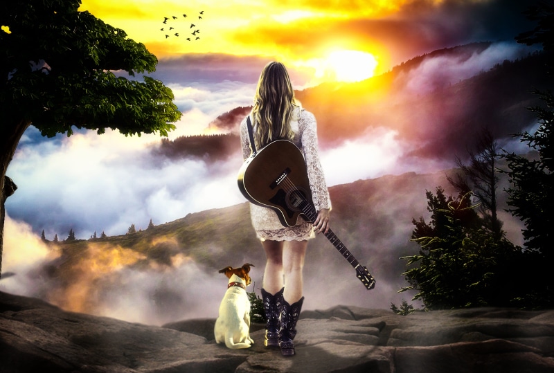 beside, casual clothing, guitar, bright, mountain, summer, looking, adult, nobody, people, mini dress, floral, color, thought, lace, sunny, outdoor, walking