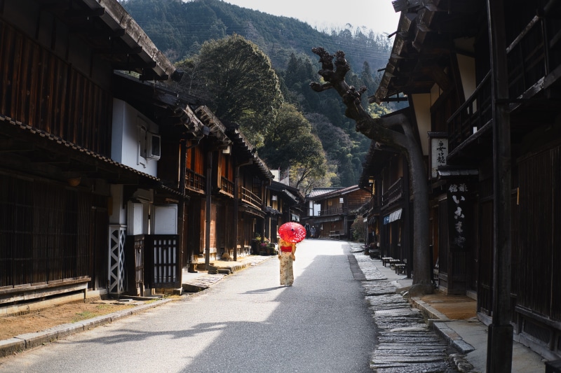 plant, road, direction, rear view, tourism, 5K, sunlight, built structure, woman, men, residential district, day, traditional, village, umbrella, the way forward