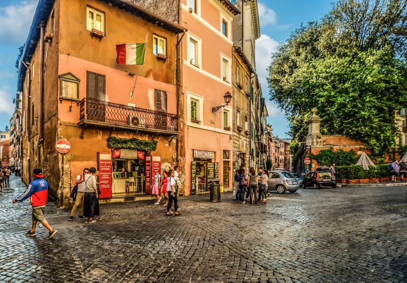 Rome, cloud - sky, outdoors, residential district, Roman, plant, men, 2K, tourist, Trastevere, mode of transportation, cafe, piazza, shop, old, tourism