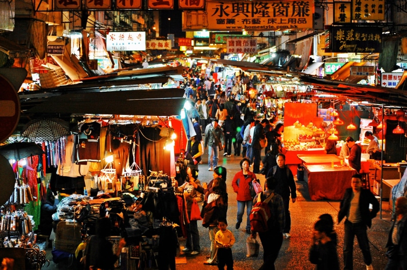 consumerism, market, scene, hong kong, adult, market stall, evening, 2K, real people, men, small business, travel, women, crowd, city, night, chinese