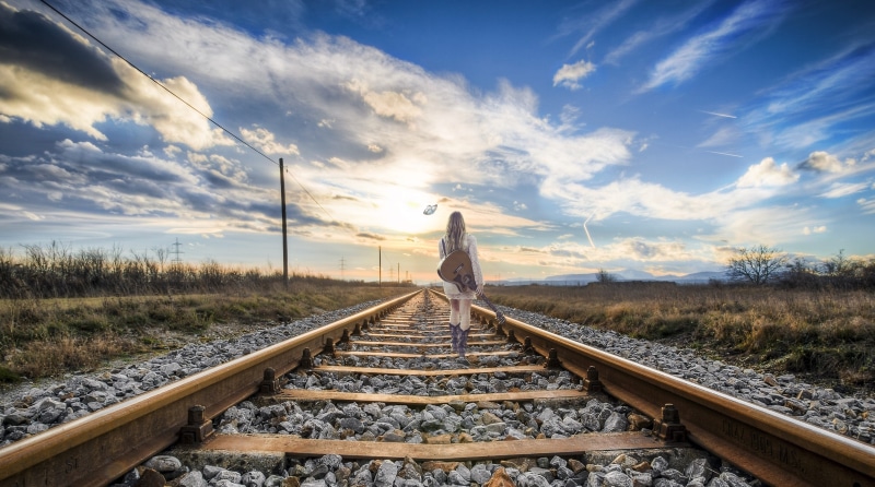 human, train, romance, beauty, sky, young woman, one person, track, woman with a guitar, person, sunset, guitar, dreams, atmospheric, woman, outdoors, rail