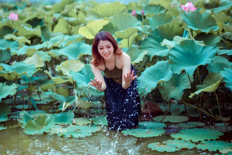 happiness, girl, portrait, women, water, dress, woman, young, cute, person, relaxation, plant part, flower, hairstyle, pretty, style, season, summer, leisure activity