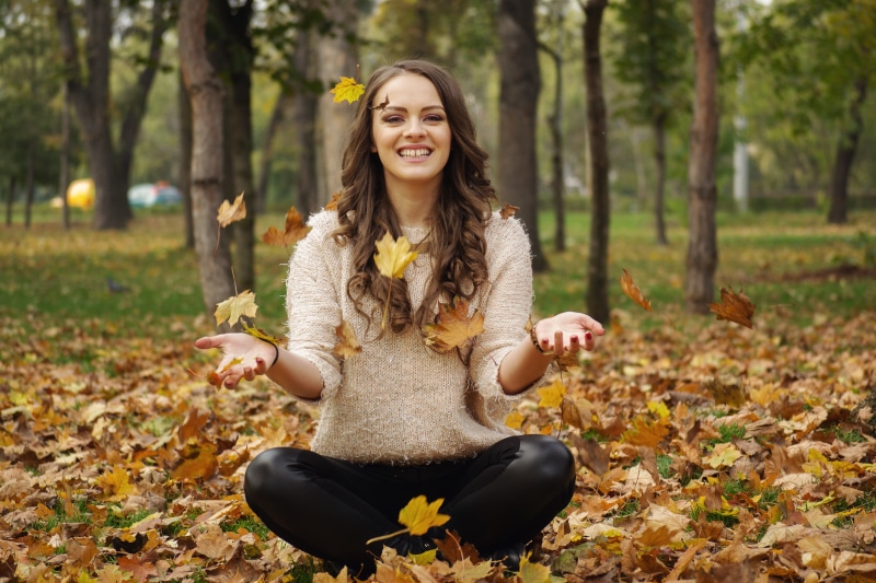 romantic, autumn portrait, foliage, shirt, funny, autumn, throwing leaves, golden, adult, october, laughing, plant part, person, trees, happy, lifestyle