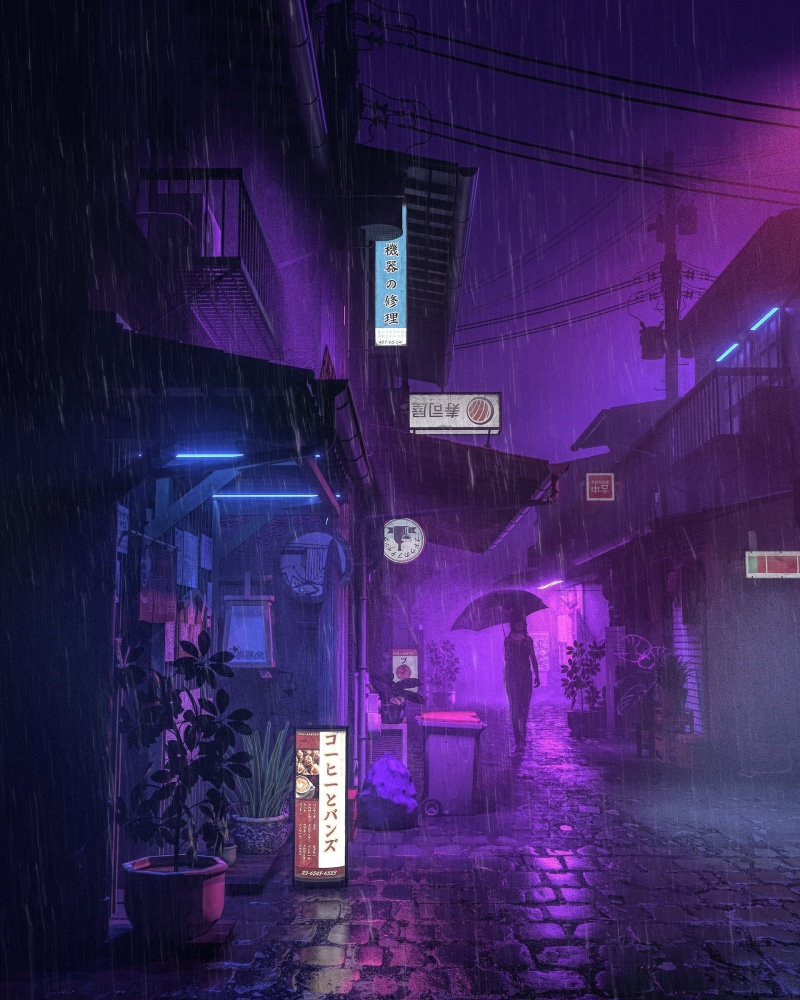 dark, Asia, city, neon, umbrella, urban, anime, rain, house, women, 1080P