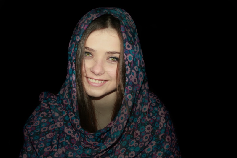 eye, studio shot, women, hijab, toothy smile, girl, woman, cover, hairstyle, people, teal, blue, oriental, islam, floral, emotion, happiness, headscarf