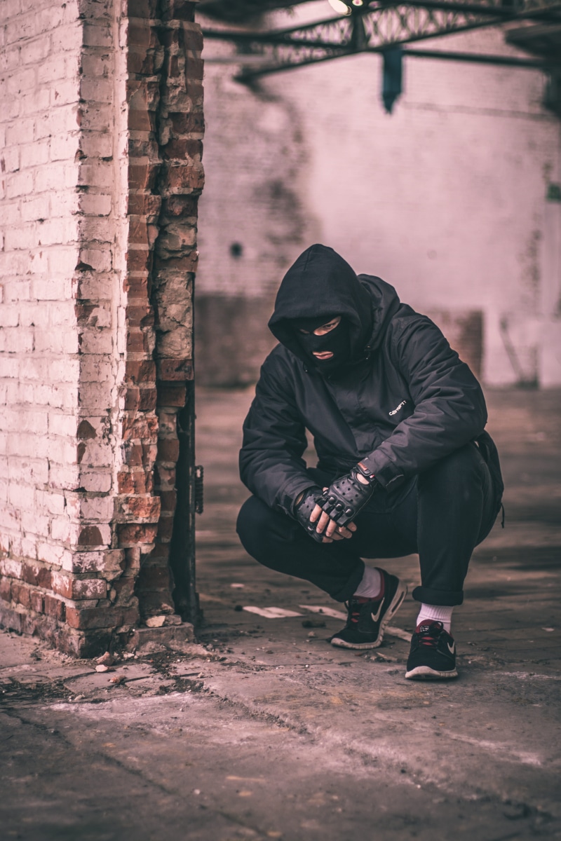 brick, adult, dark, abandoned, near, black, model, leisure activity, 5K, gloves, markii, full length, beside, man, young adult, anger, hood - clothing