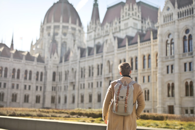 concrete, place, vacation, landmark, winter, city, shoulders, male, one person, trip, rucksack, person, travel, built structure, beautiful, white, people
