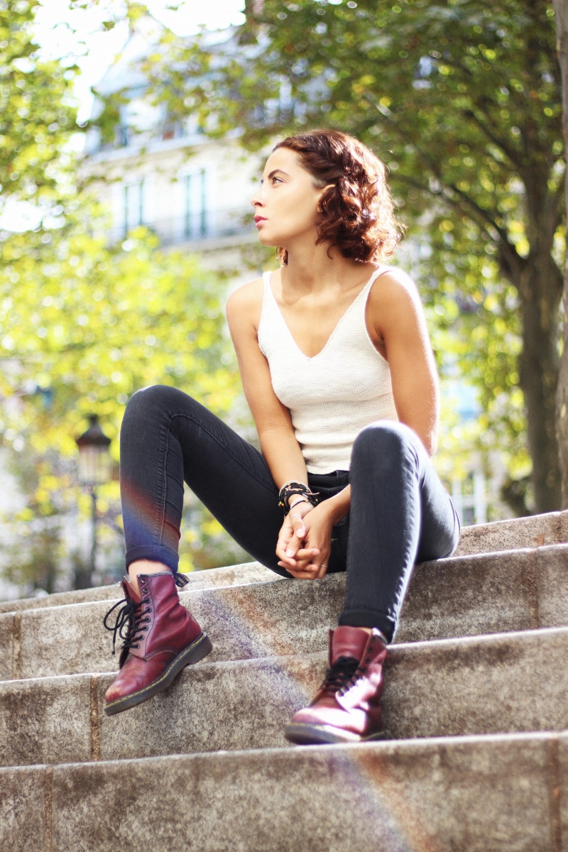 white, beautiful woman, shoe, denim, teenager, daytime, hairstyle, lifestyles, rainbow, full length, day, contemplation, brown hair, portrait, sitting