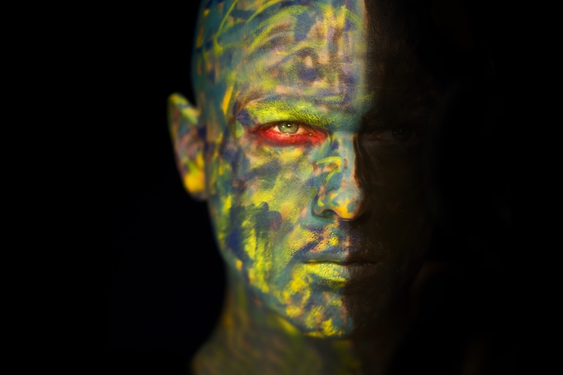 real people, overview, make-up, male, human face, black and white, art, portrait, man, contact, green, idea, close-up, headshot, multi colored, eyes, studio