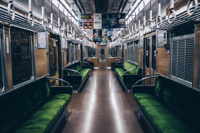 chair, absence, the way forward, perspective, subway train, travel, seat, metal, aisle, vehicle, transport, direction, green, mode of transportation, train station