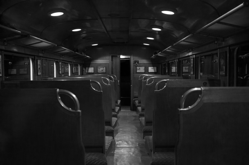in a row, illuminated, repetition, 5K, absence, interior, direction, seats, subway train, seat, aisle, the way forward, black-and-white, photography, car