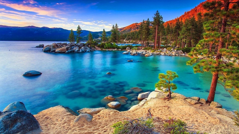 bay, turquoise colored, tree, solid, mount scenery, nature, tranquility, environment, outdoors, plant, lake, beach, water, terrain, rock - object, shore