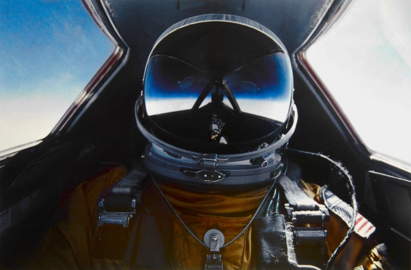 sky, pilot, transportation, portrait, airplane, aerospace industry, one person, outdoors, clothing, 2K, flight suits, plane, flying, close-up
