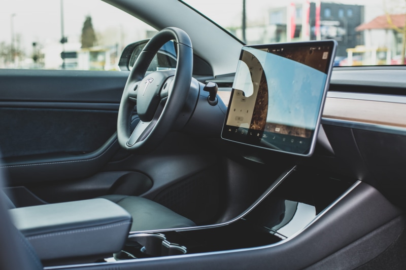 land vehicle, vehicle interior, tesla, model3, monitor, dashboard, 2K, model 3, auto, electric, travel, driving, gearshift, glass - material, no people