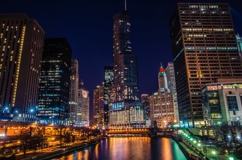 dusk, building Exterior, city, nigh, night, night photography, urban Skyline, buildings, famous Place, Wrigley Building, urban Scene, Trump Tower, illuminated