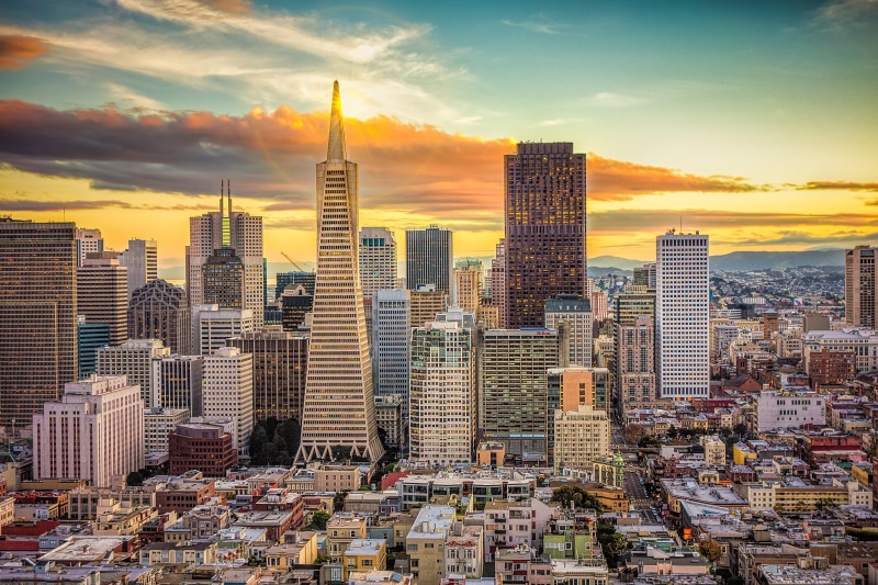 San  Francisco, buildings, skyscraper, business  district, building Exterior, San Francisco, tower, glorious, cityscape, city, dusk, transamerica  pyramid