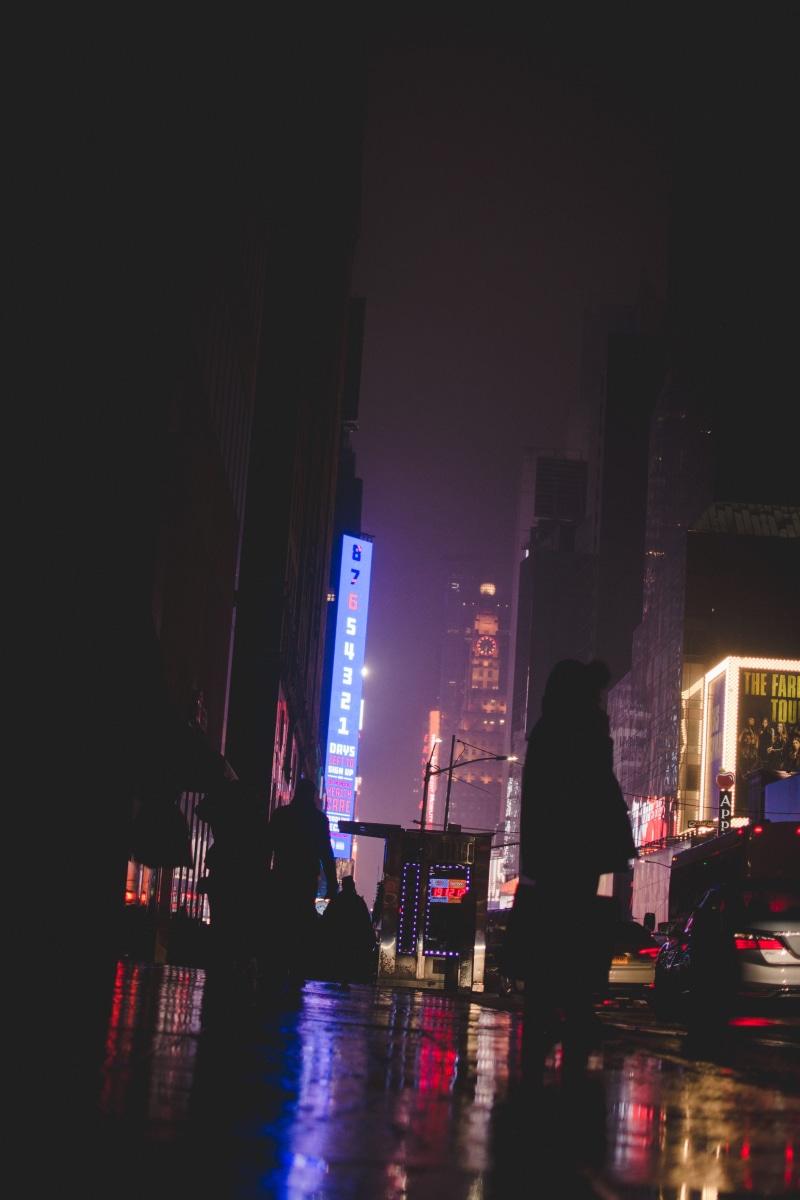 new york, nyc, women, architecture, building, built structure, night, cityscape, reflection, street, light, illuminated, person, incidental people
