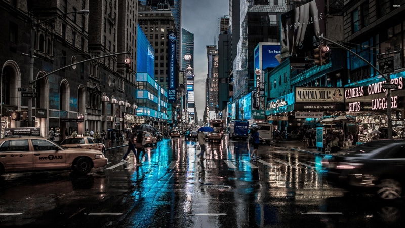 cityscape, motor vehicle, wet, architecture, skyscraper, New York City, city street, rainy season, outdoors, office building exterior, incidental people