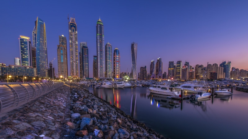 dubai marina, dusk, waterway, water, asia, sky, 4K, tower block, uae, darkness, skyline, united arab emirates, reflection, metropolis, landmark, city
